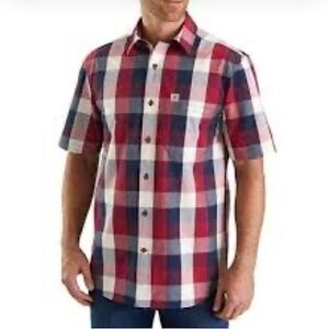 Carhartt Cotton Navy Red White Plaid Button Up Short Sleeve Relaxed Fit  Shirt L